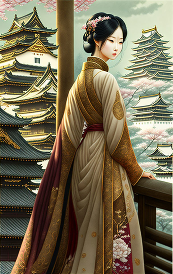 Traditional Asian attire: Woman on balcony with ancient temples and snowy pines