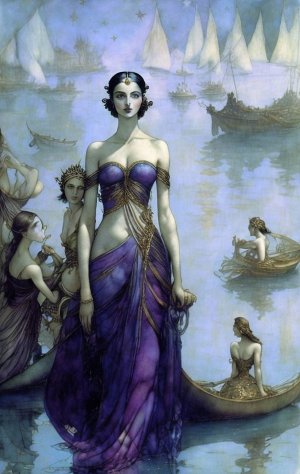 Regal woman in purple dress with golden embellishments surrounded by serene maidens in mystical waterscape