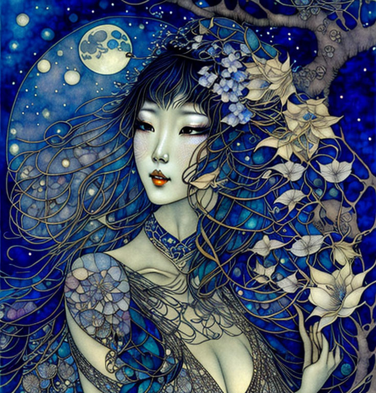 Illustration of woman with flowing hair and flowers under moonlit sky