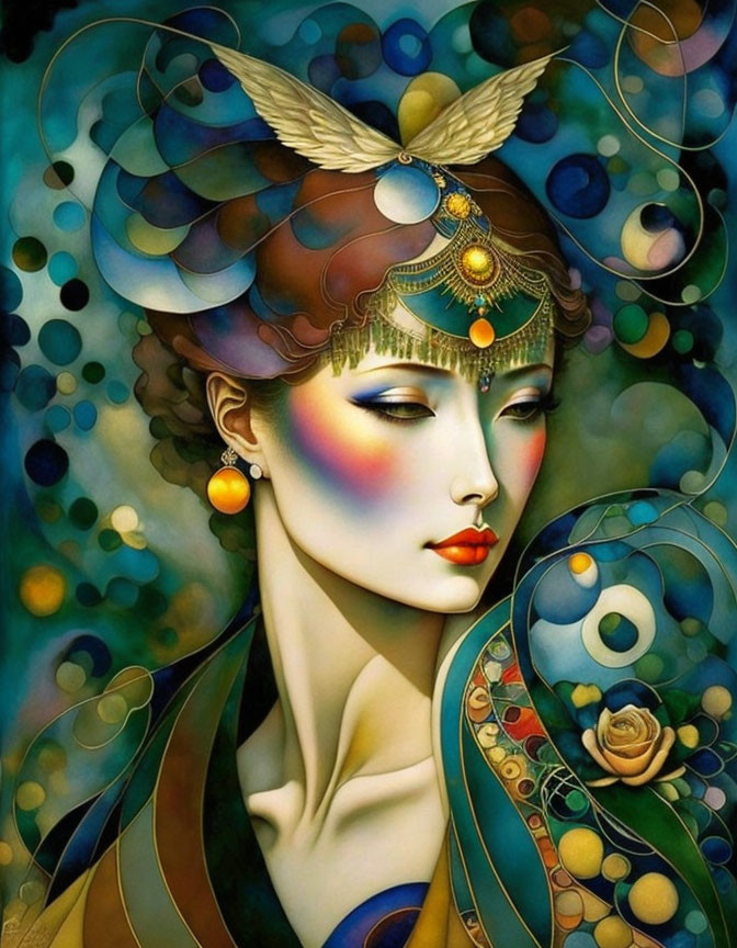 Colorful painting of a woman with intricate headpiece and swirling patterns