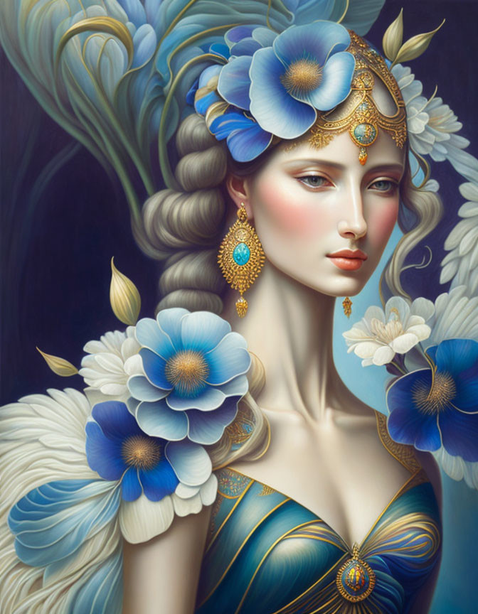 Ethereal woman with blue flowers, gold jewelry, and feathered garment