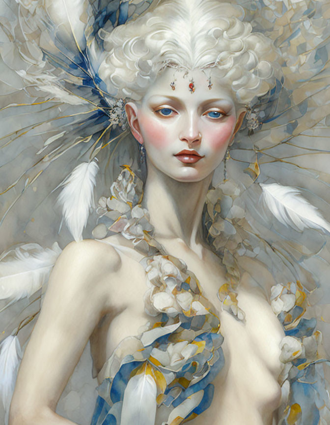 Fantasy female figure portrait with feathered wings and pearls