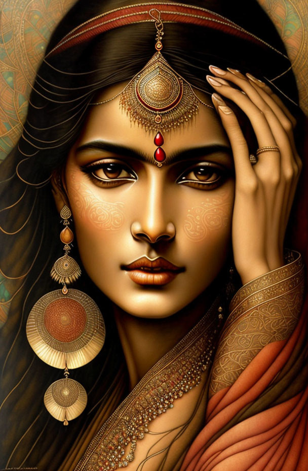 Intricate jewelry and henna designs on woman portrait.