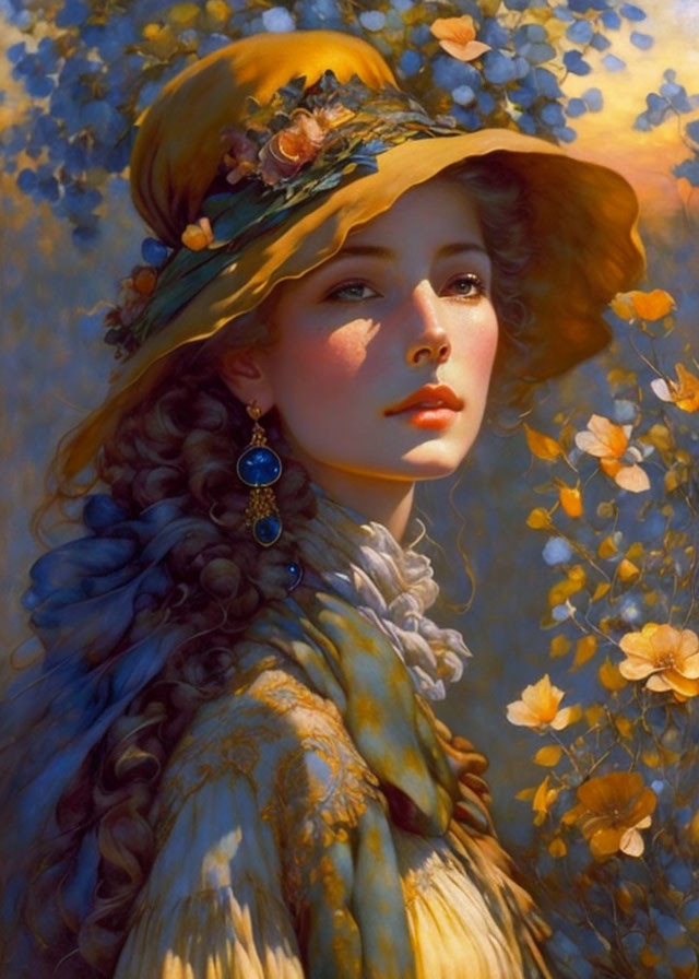 Portrait of a Woman with Curly Hair in Yellow Hat and Flowers