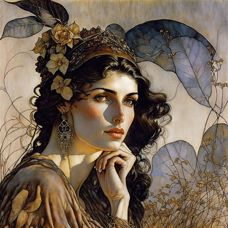 Illustrated portrait of woman with ornate headpiece against leafy backdrop