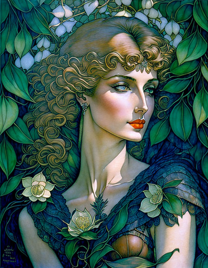 Stylized illustration of woman with curly hair and foliage in green and blue hues