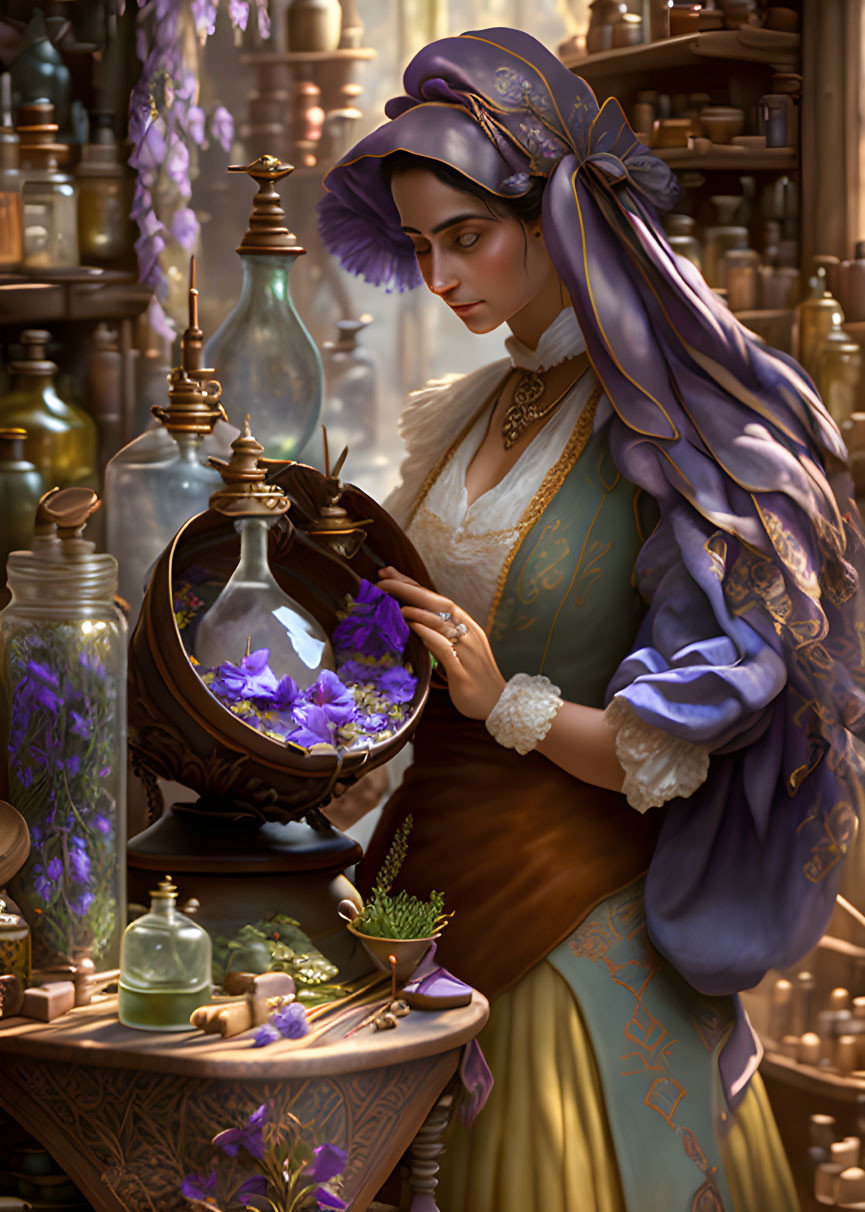 Historical woman with potion in detailed apothecary setting