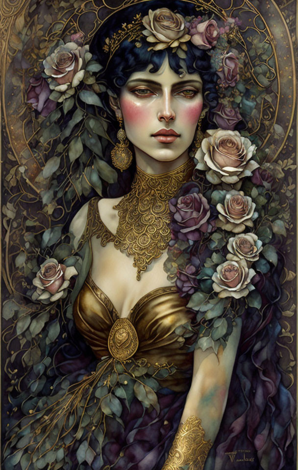 Portrait of Woman with Dark Hair, Roses, Golden Dress, and Ornate Floral Frame