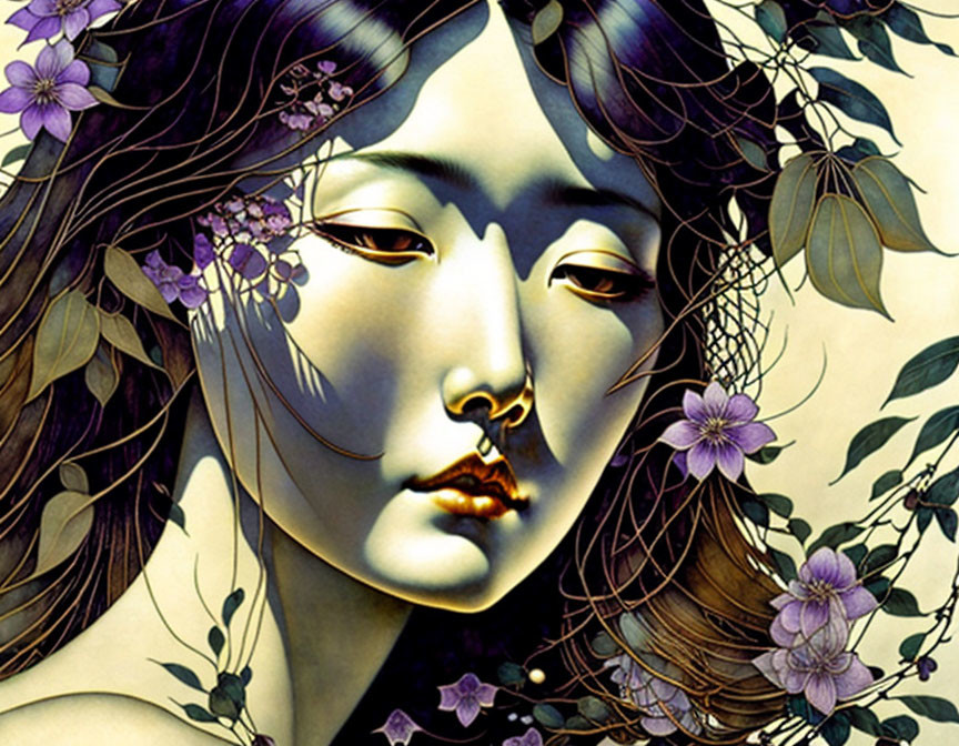 Golden-featured woman's face among purple flowers and vines