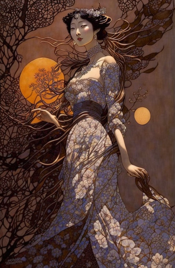 Illustrated woman in floral dress under moonlit twisted trees