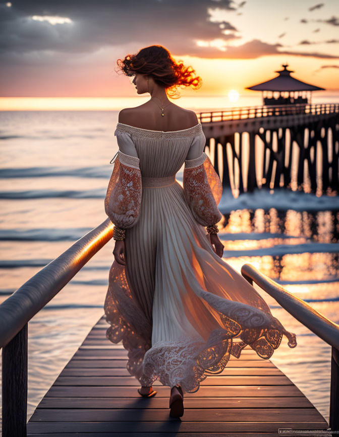 Elegant woman walking on pier at sunset with ocean backdrop