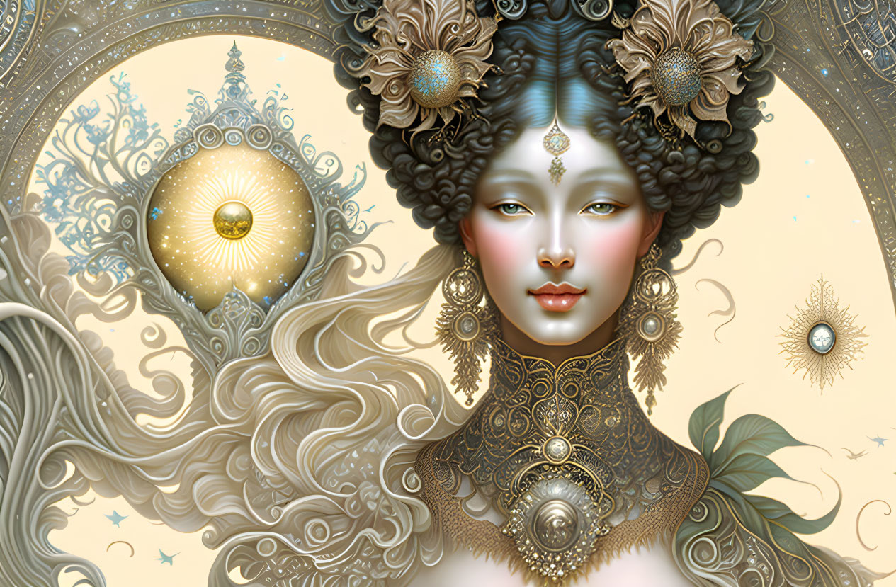 Detailed mystical woman illustration with golden headdresses and celestial motifs