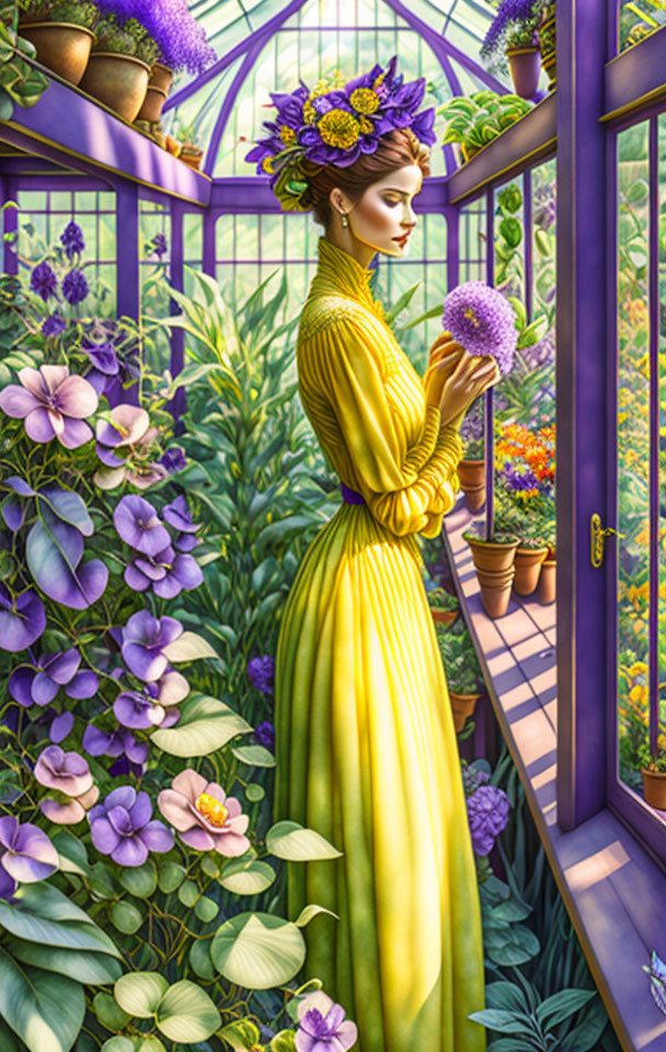 Woman in Yellow Floral Dress Standing in Purple Greenhouse