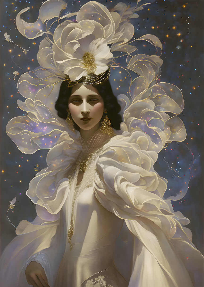 Ethereal figure with intricate floral headdress in luminous garb