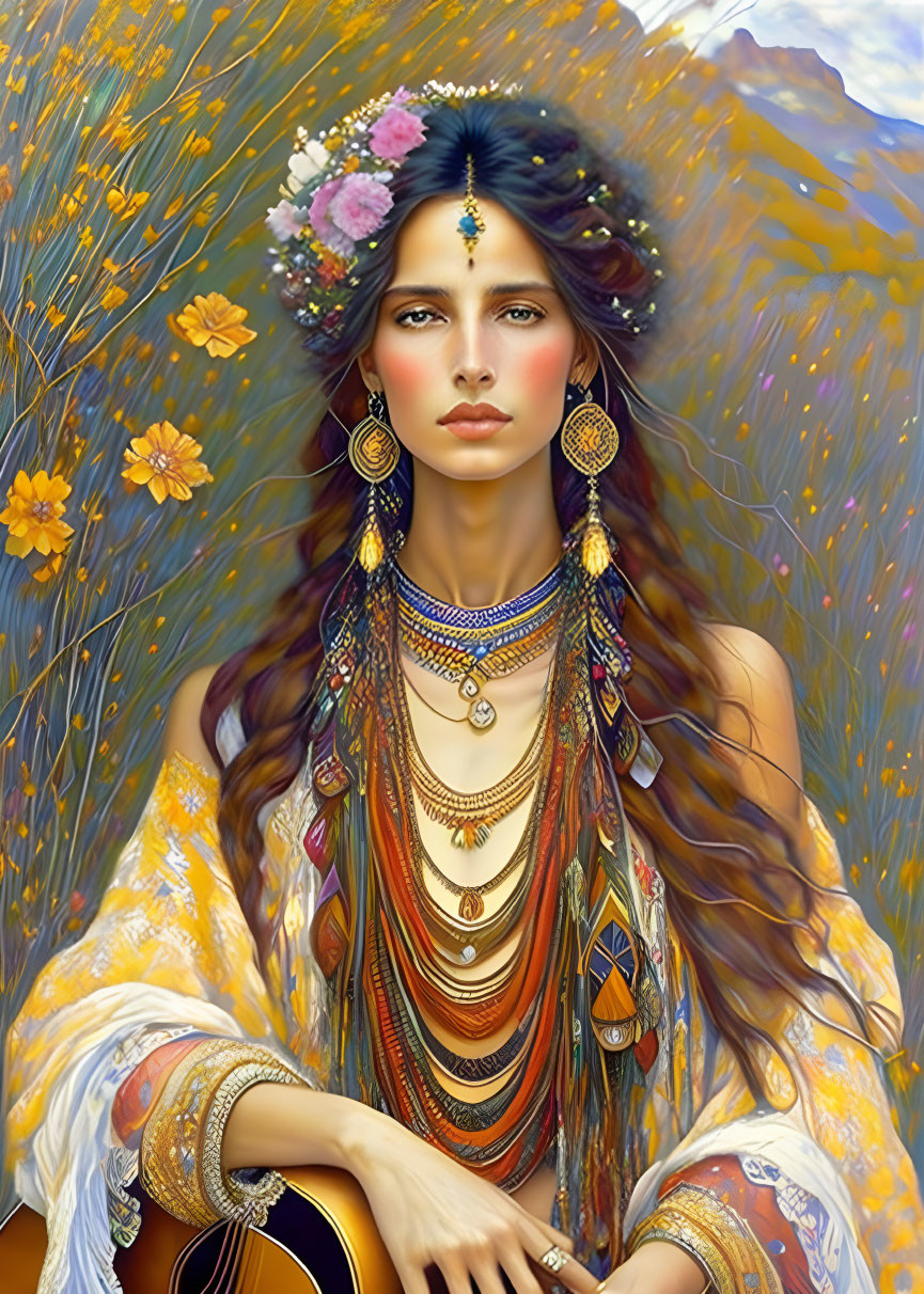 Ethereal woman with jewelry and flower crown in golden wildflower field