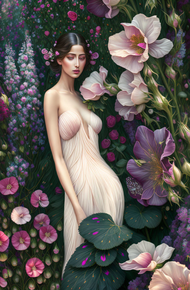 Woman in white dress surrounded by greenery and pink flowers.