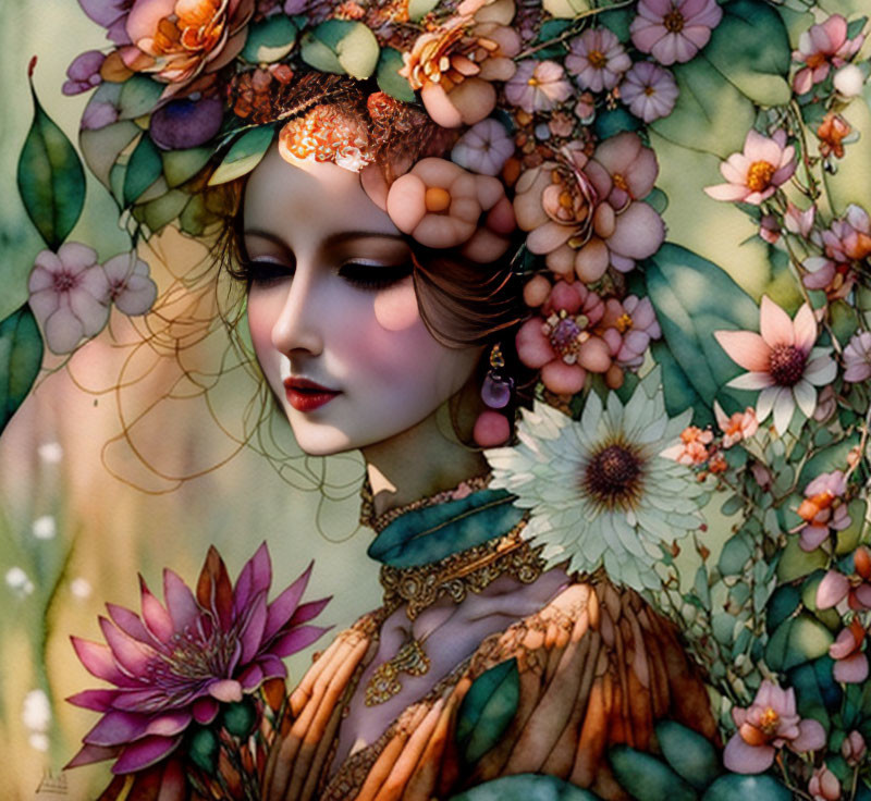 Woman in floral crown and vintage attire among vibrant illustrated flowers