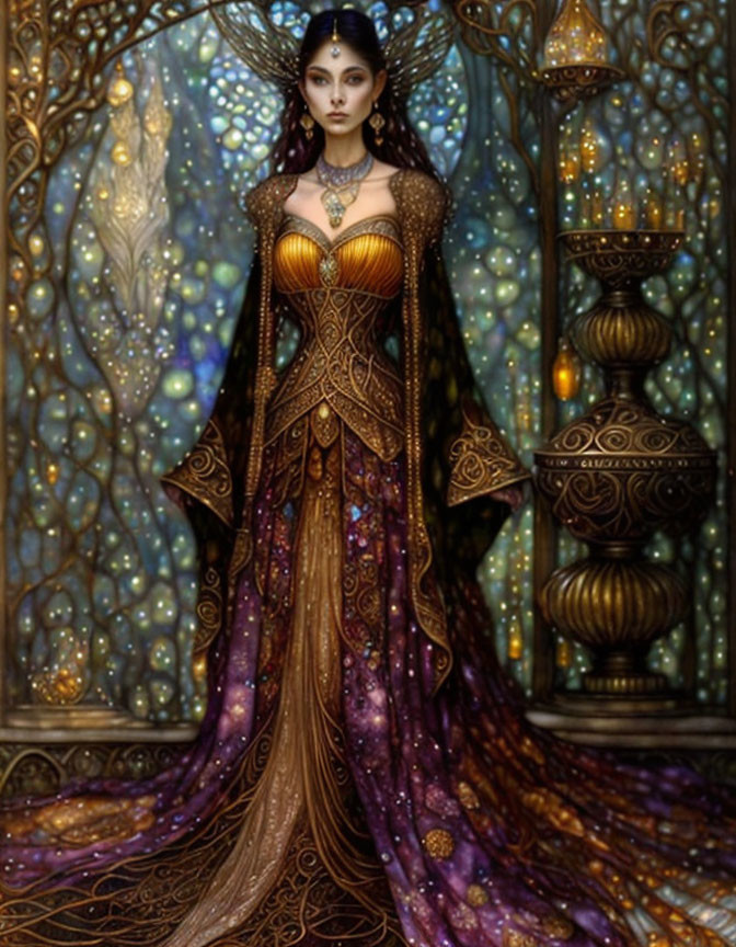 Illustrated woman in ornate golden and purple dress in mystical room