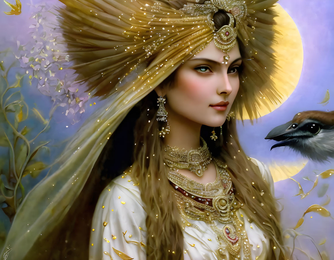 Regal woman in gold headdress with serene expression and bird in floral backdrop