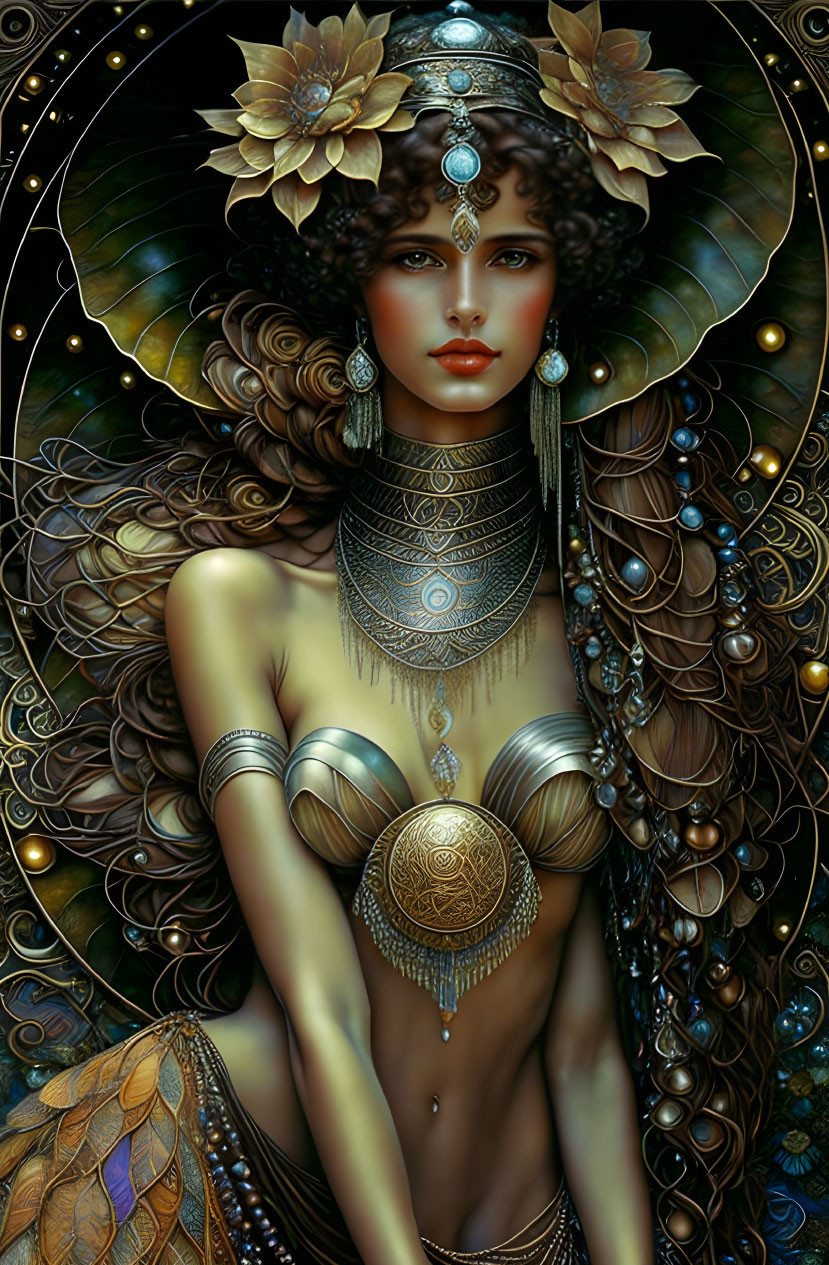 Detailed artwork of woman with golden jewelry and lotus flowers in cosmic setting