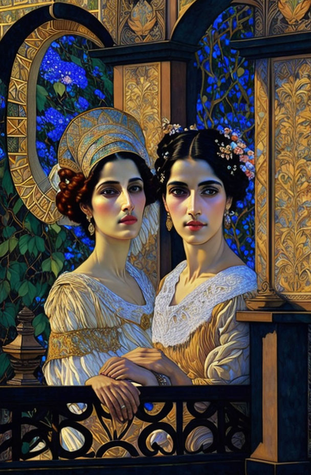 Two women in vintage dresses by stained glass window