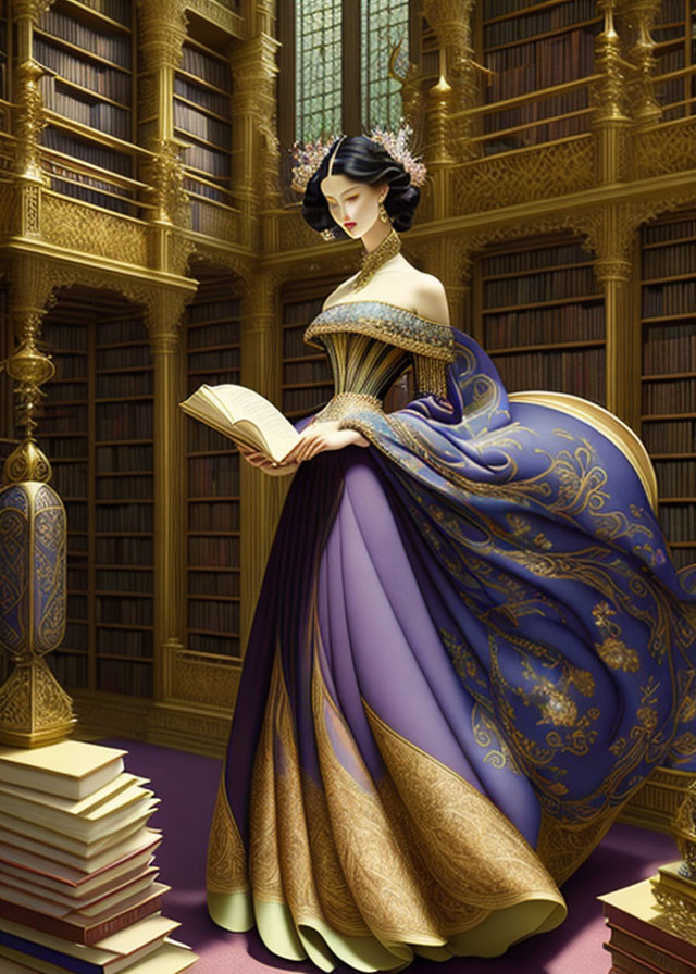 Illustrated woman in blue and gold gown reading in ornate library