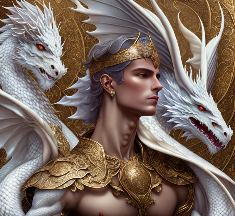 Regal figure with golden circlet and white dragons in intricate armor