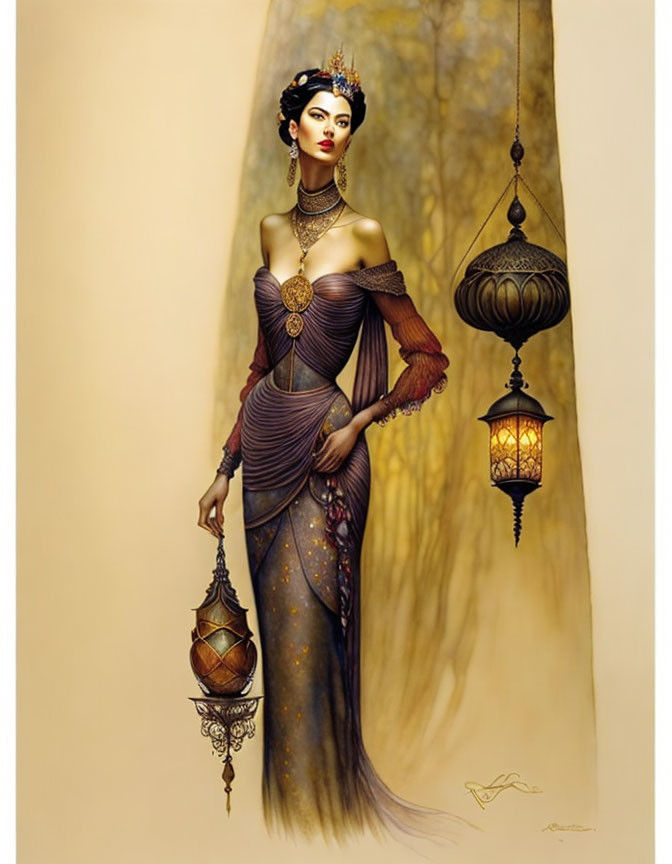 Detailed illustration of woman in elegant gown with lantern & jewelry