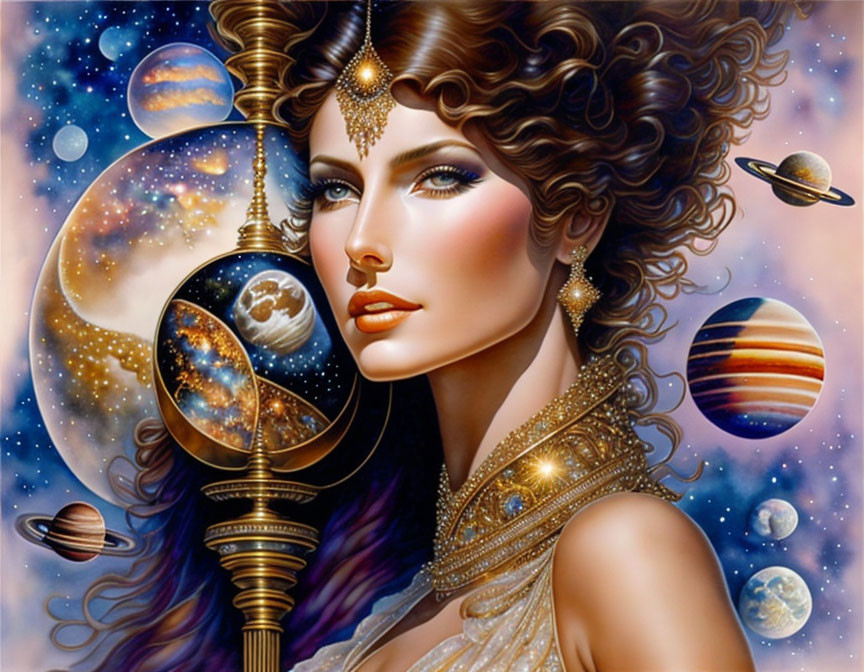 Illustrated woman with cosmic-themed makeup and jewelry surrounded by planets and stars.