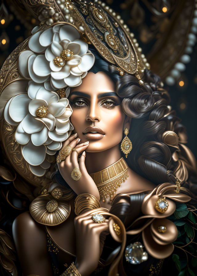 Illustrated Woman with Gold Jewelry and White Florals on Dark Background