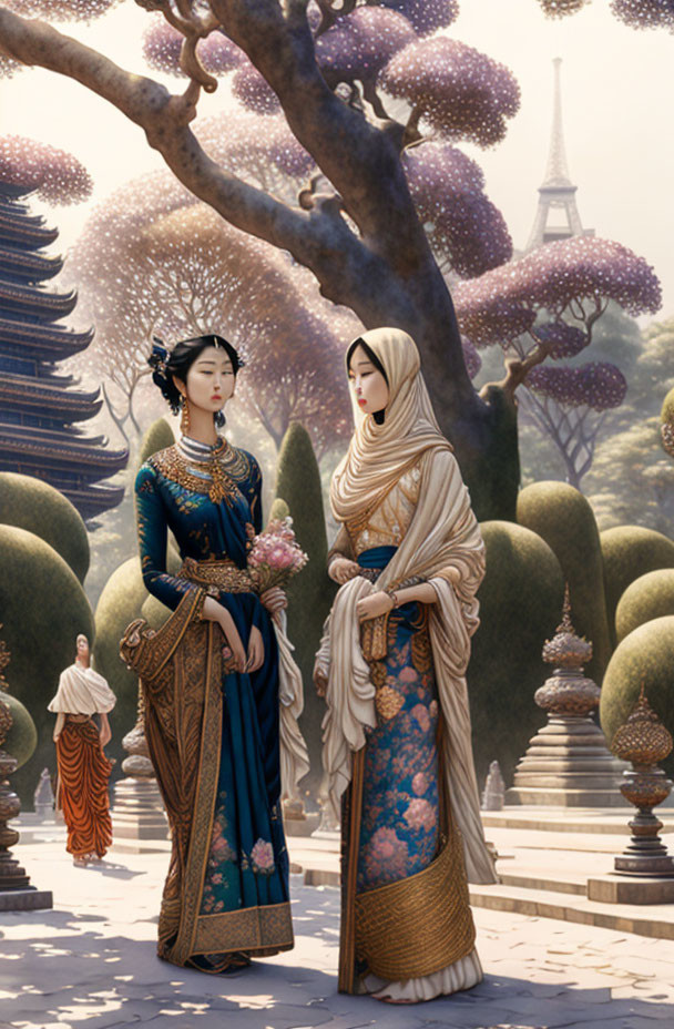 Women in traditional dresses under blossoming trees with pagoda and Eiffel Tower.