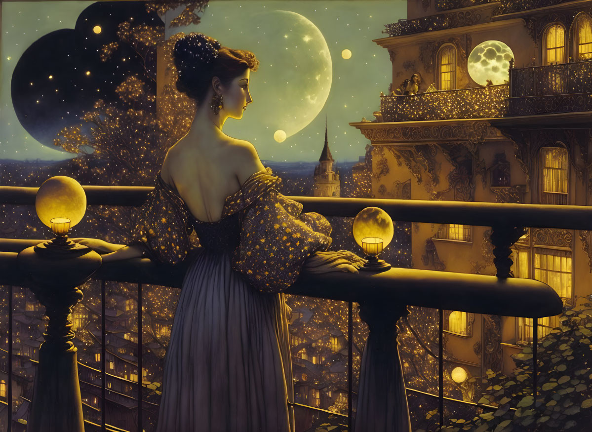 Woman in vintage gown admires night cityscape with two moons and stars