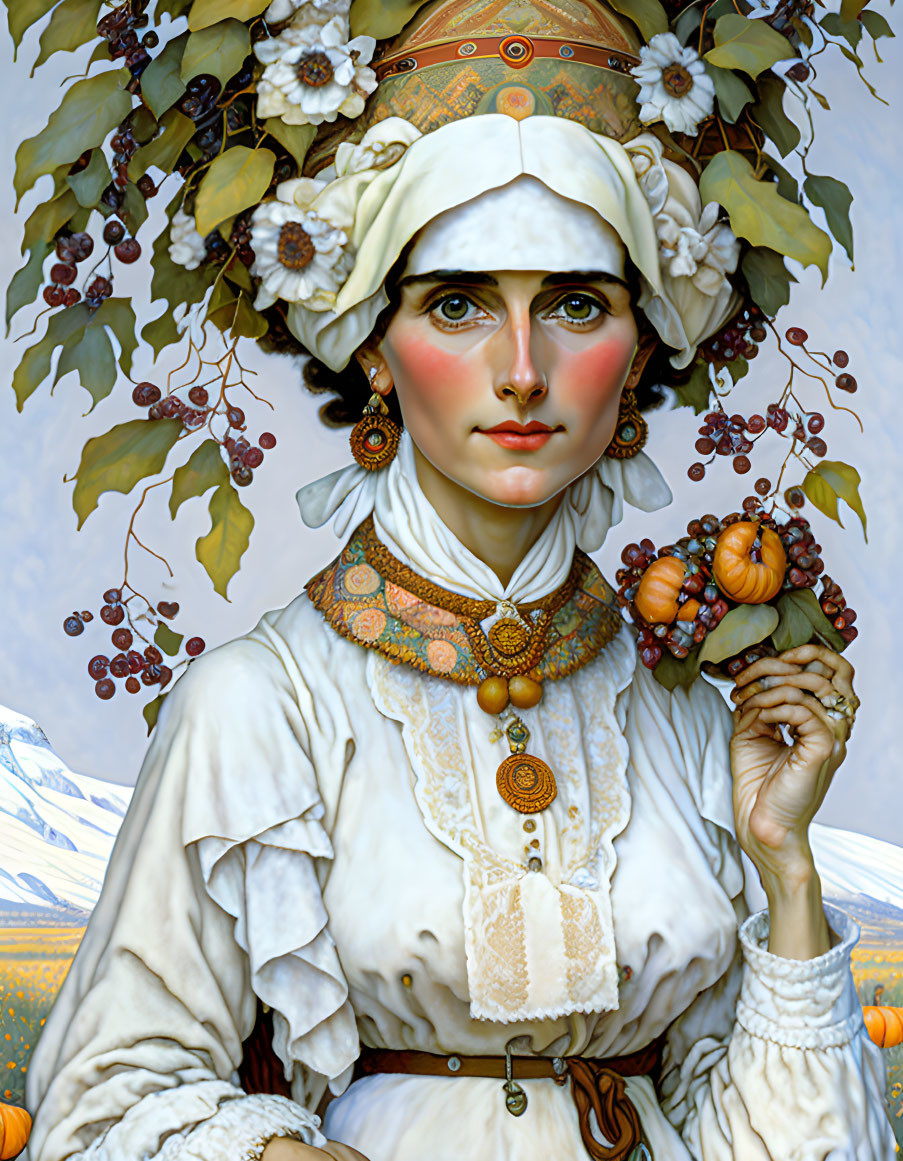 Woman in traditional attire with autumn foliage, snowy mountain backdrop