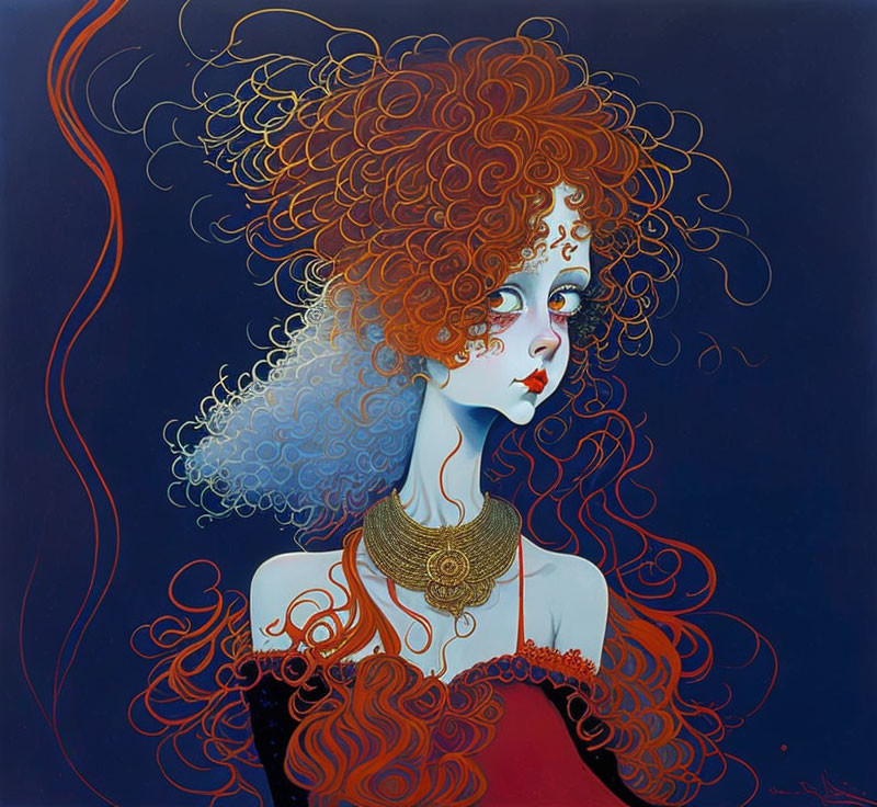 Illustrated portrait of woman with curly red hair in red dress on blue background