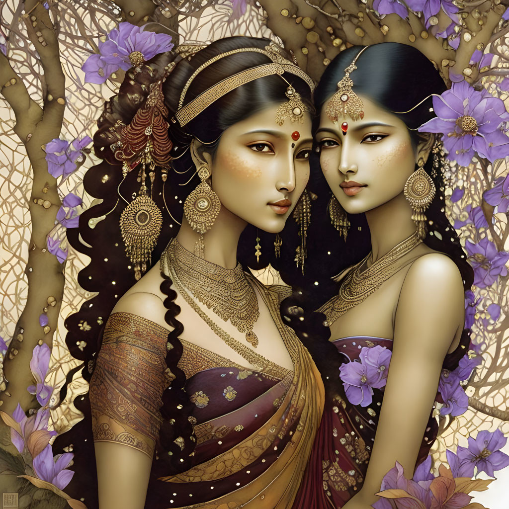 Traditional Indian Attire Women Among Purple Flowers