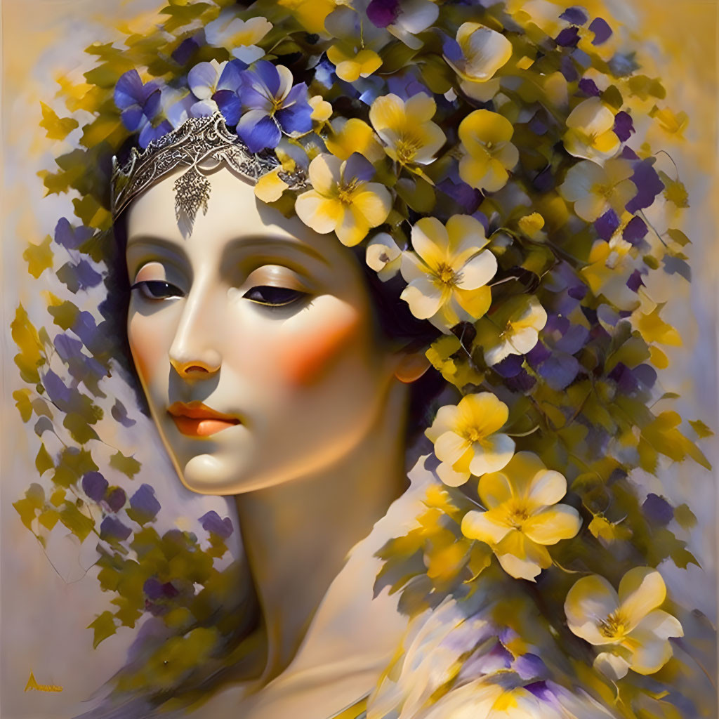 Woman portrait with ornate headpiece and floral halo on golden background