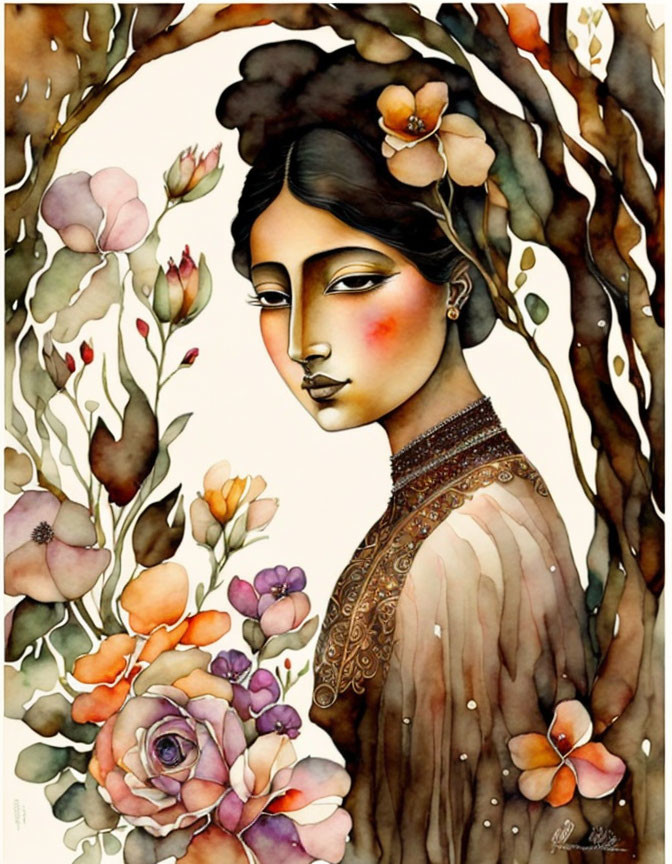 Serene woman portrait with lush floral elements in earthy tones