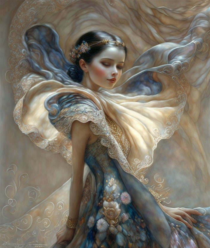 Ethereal figure with butterfly wings and floral gown