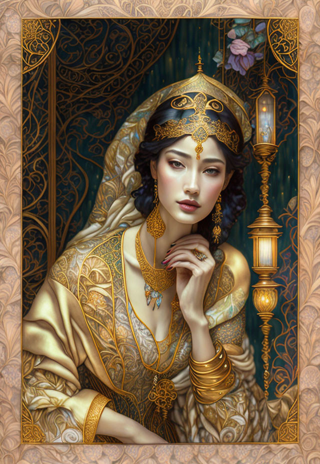 Illustrated Woman in Opulent Gold Attire and Headpiece on Ornate Backdrop