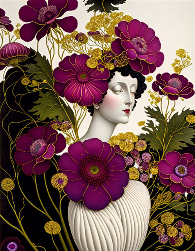 Profile of woman with purple flowers and gold accents on dark background