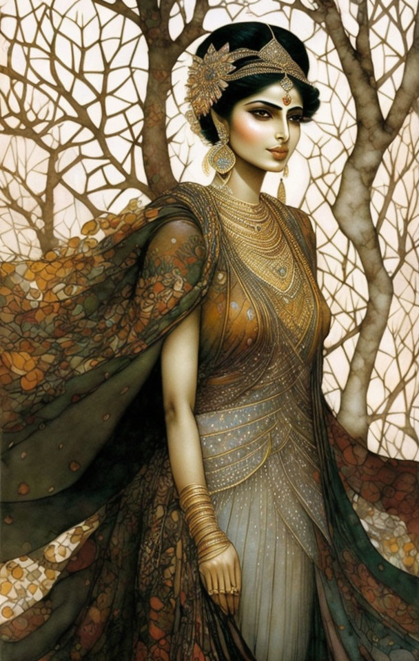 Traditional Indian Attire Woman Illustration with Gold Jewelry & Stylized Trees