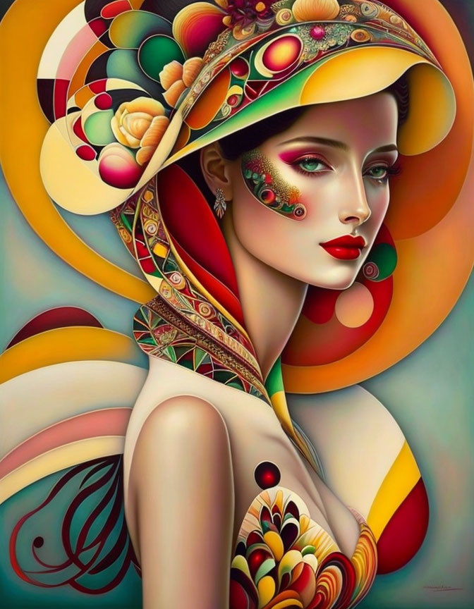 Vibrant makeup and decorative hat portrait of woman