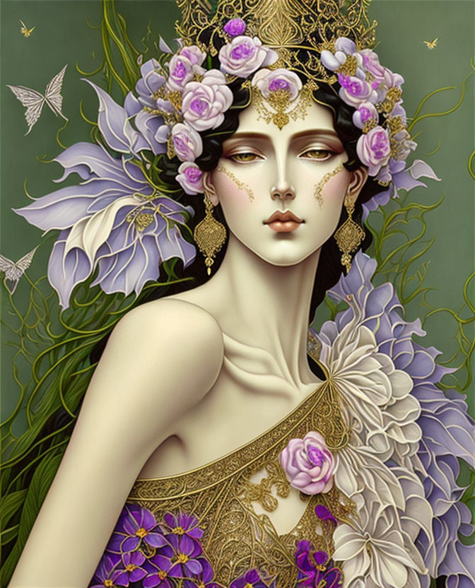 Detailed artwork of woman with gold and purple floral designs and butterflies on green background