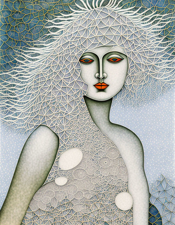 Geometric patterned garment on a woman with pale skin in stylized painting