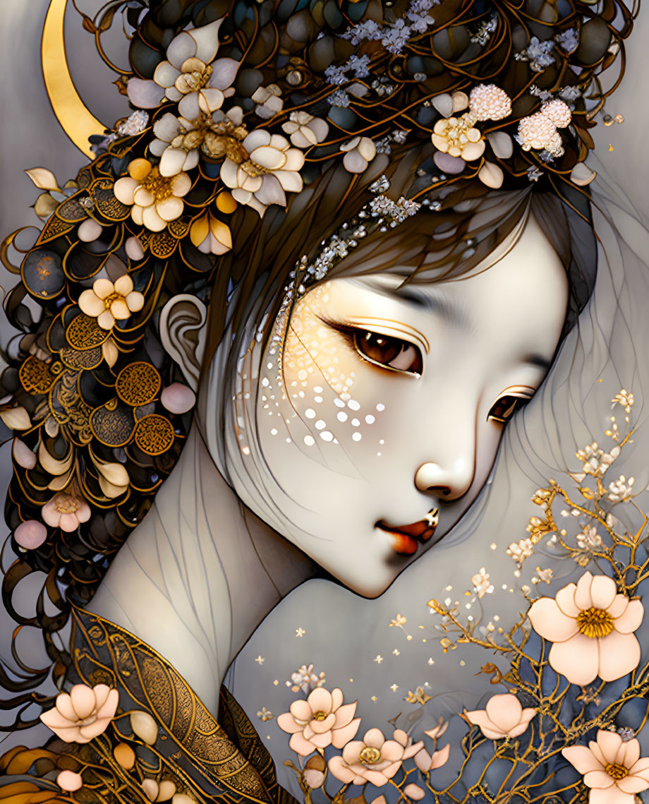 Detailed portrait of a woman with gold floral hair accessories, crescent moon, and cherry blossoms.