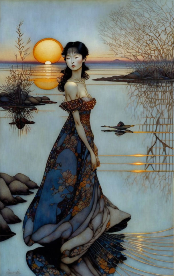 Stylized painting of woman by tranquil lake at sunset