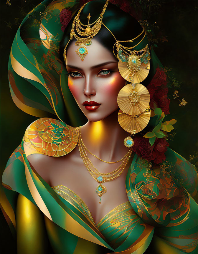 Detailed digital art of woman in gold jewelry & ornate shawl on dark background