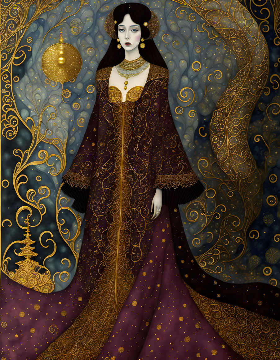 Pale-skinned woman in burgundy gown on starry background