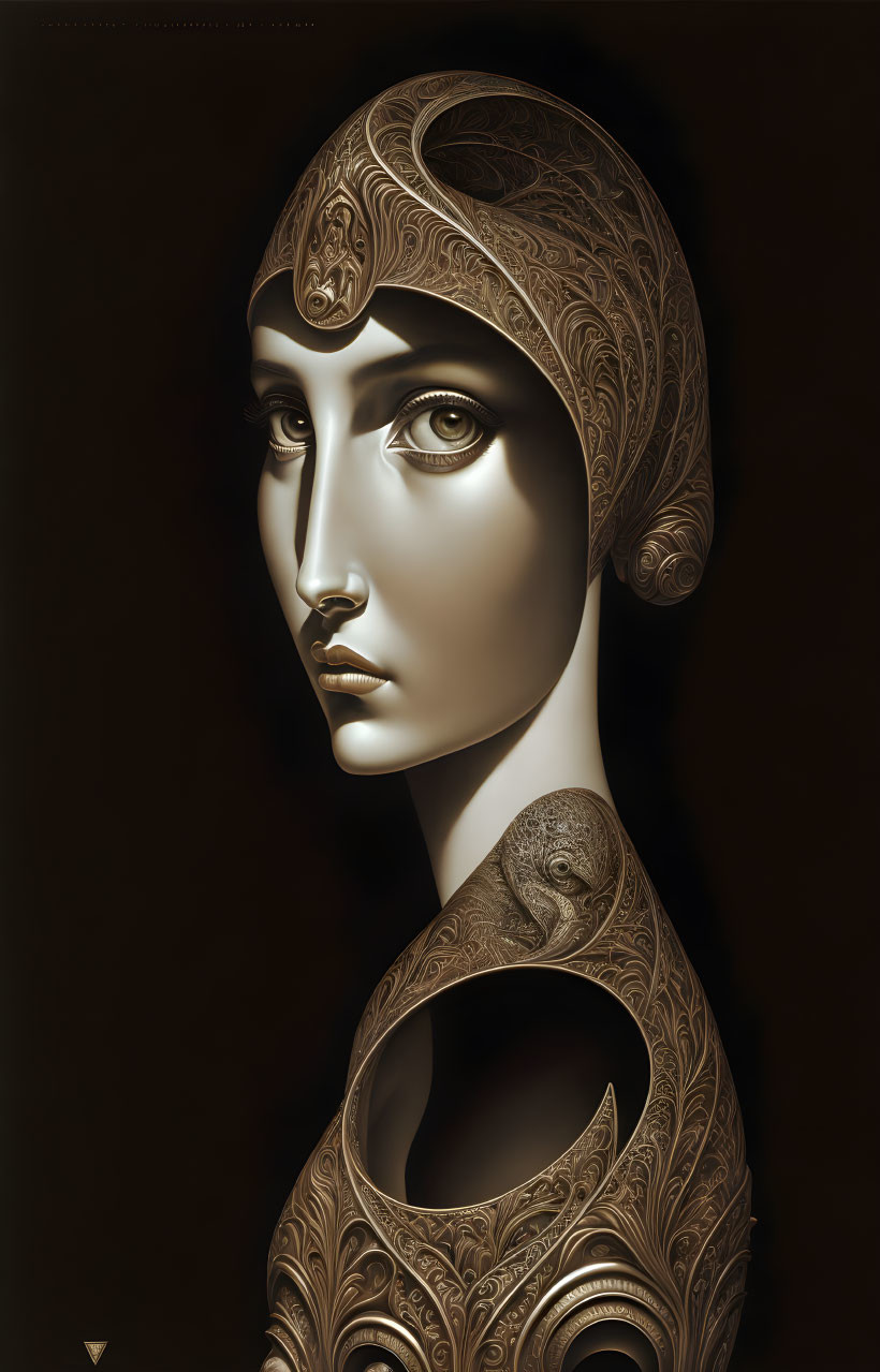 Digital artwork: Woman with stylized features and ornate metallic engravings.