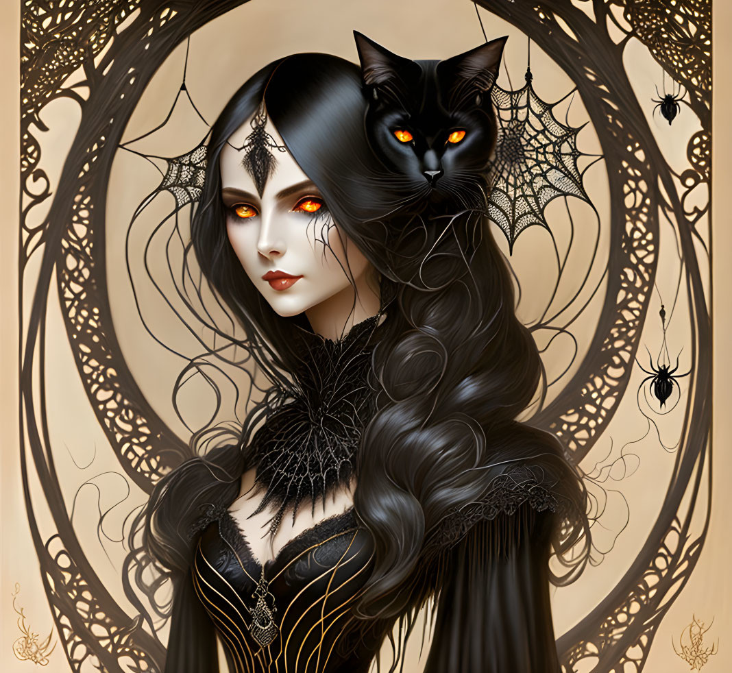 Illustrated Gothic woman with black hair, red eyes, and black cat in spiderweb setting